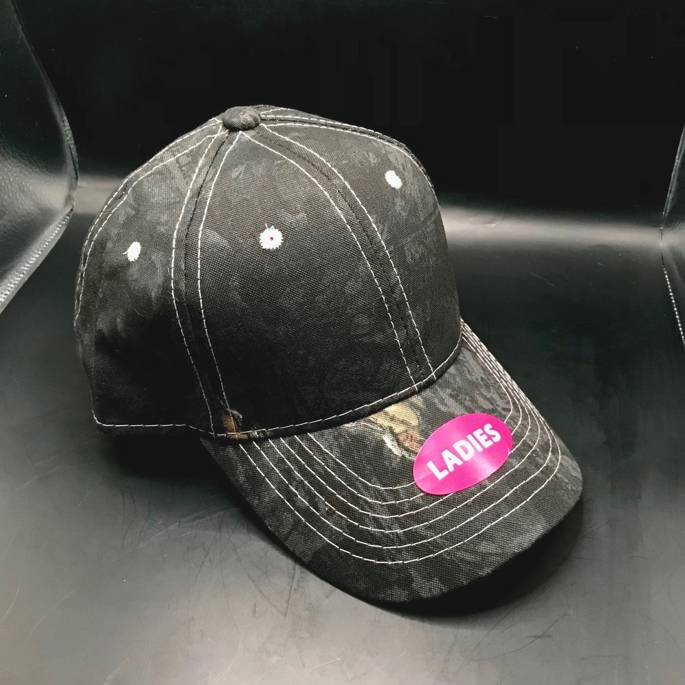 Mossy Oak Ladies Black Camo Baseball Hat Pink Stitching Strapback Blank Hunting